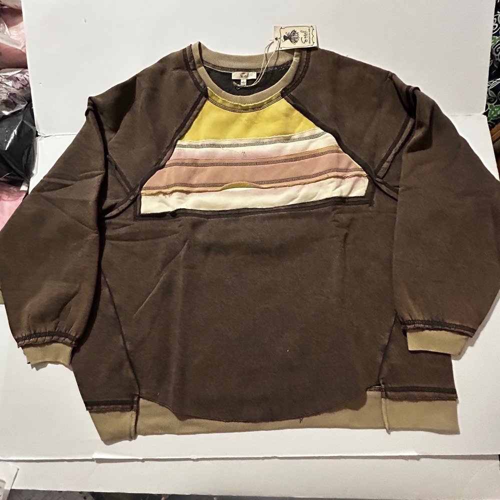 Easel Brown Patchwork Raw Edge Oversized Sweatshirt Womens Large NWT Cozy Boho